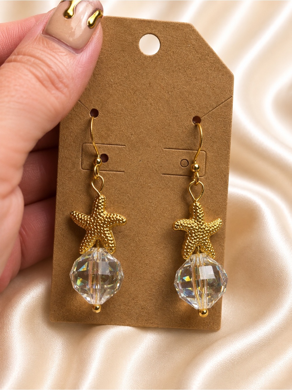 Handmade Swarovski Crystal Starfish Dangle Earrings | Beach Coastal Jewelry